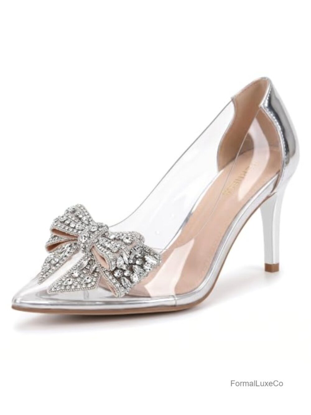 Crystal Bow Pointed Toe Clear Kitten Heels Cushioned Comfort 2.5in Heel